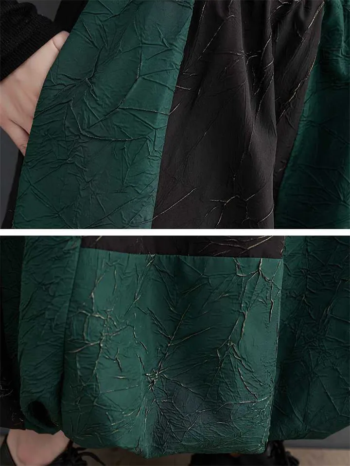 Casual Black Green Contrast Color Lace Up Vest   Lantern Skirt
